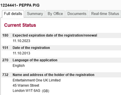 Screenshot registrazione marchio peppa pig